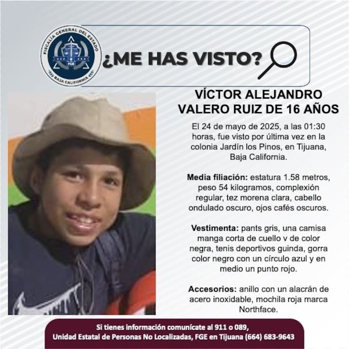 Víctor Alejandro Valero Ruiz fue visto por última vez el 24 de mayo de 2025.
