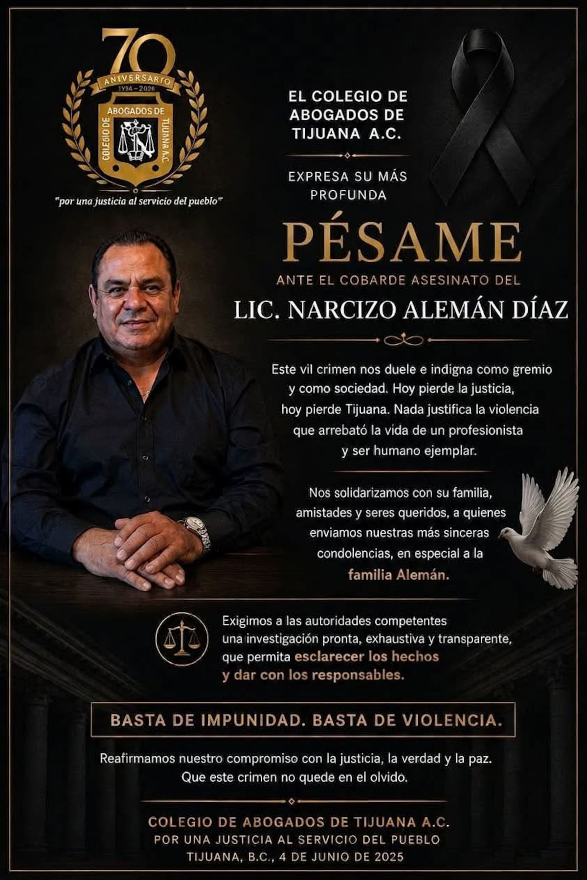 El Colegio de Abogados Constitucionalistas A.C. compartió una semblanza de Narcizo Alemán, integrante del gremio, tras su asesinato en Playas de Tijuana.