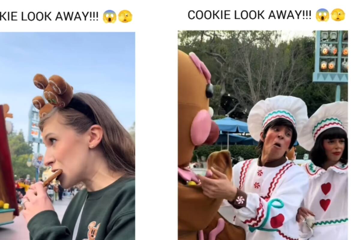 Mujer se come una galleta de jengibre frente a una botarga en Disney y su reacción se hace viral