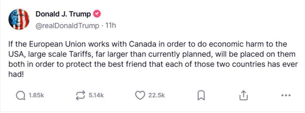 Post de Trump a través de su red social, Truth Social. Foto: Captura de pantalla