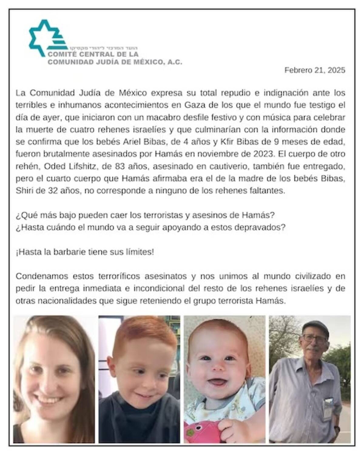 Se pronuncia la comunidad judía ante lo que describe como un "macabro desfile de cuerpos" de parte de Hamás.