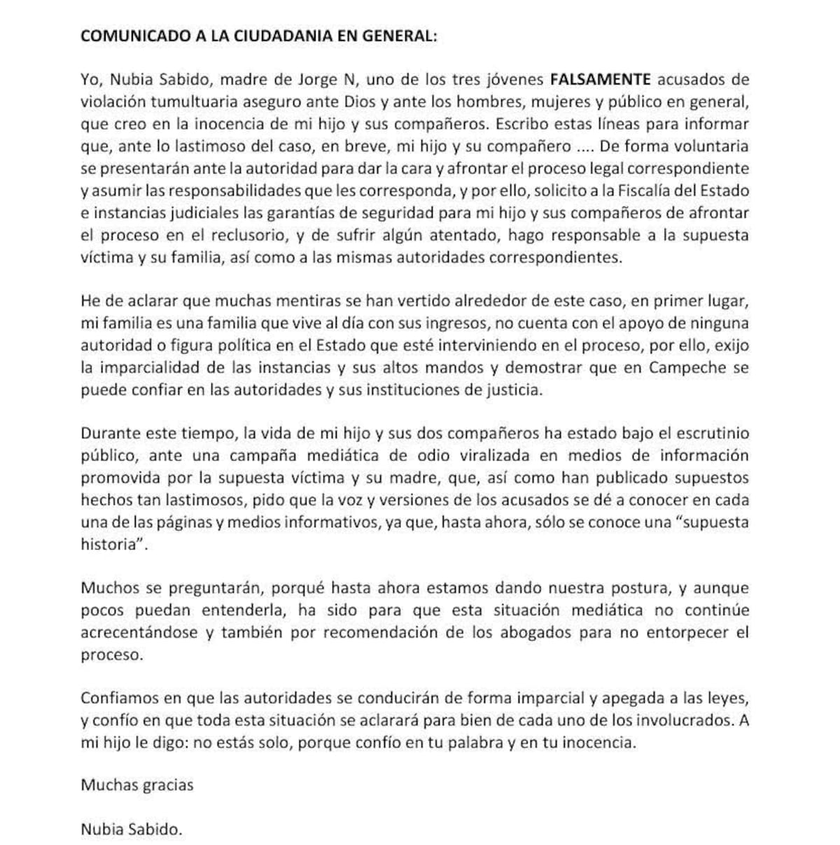 La madre de uno de los prófugos escribe carta donde asegura que su "hijo se entregará”.