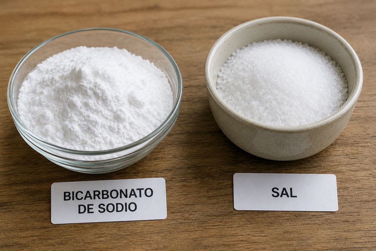 Bicarbonato de sodio y sal, dos ingredientes domésticos que pueden utilizarse junto con agua caliente y papel aluminio para retirar el oscurecimiento de objetos de plata. | Imagen hecha con IA de ChatGPT