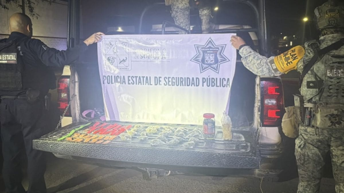 Un operativo coordinado entre la PESP y la Secretaría de la Defensa en Hermosillo terminó con el aseguramiento de 25 envoltorios de hierba verde y 32 dosis de metanfetamina en la colonia Laura Alicia Frías