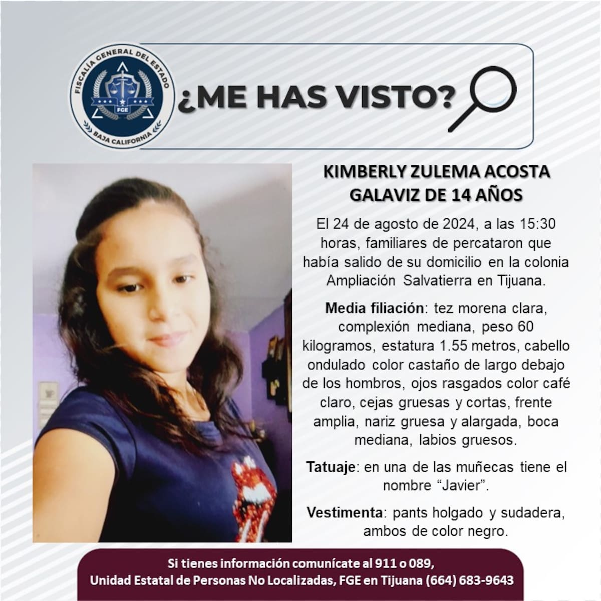 Kimberly Zulema Acosta Galaviz fue vista por última vez el 24 de agosto de 2024.
