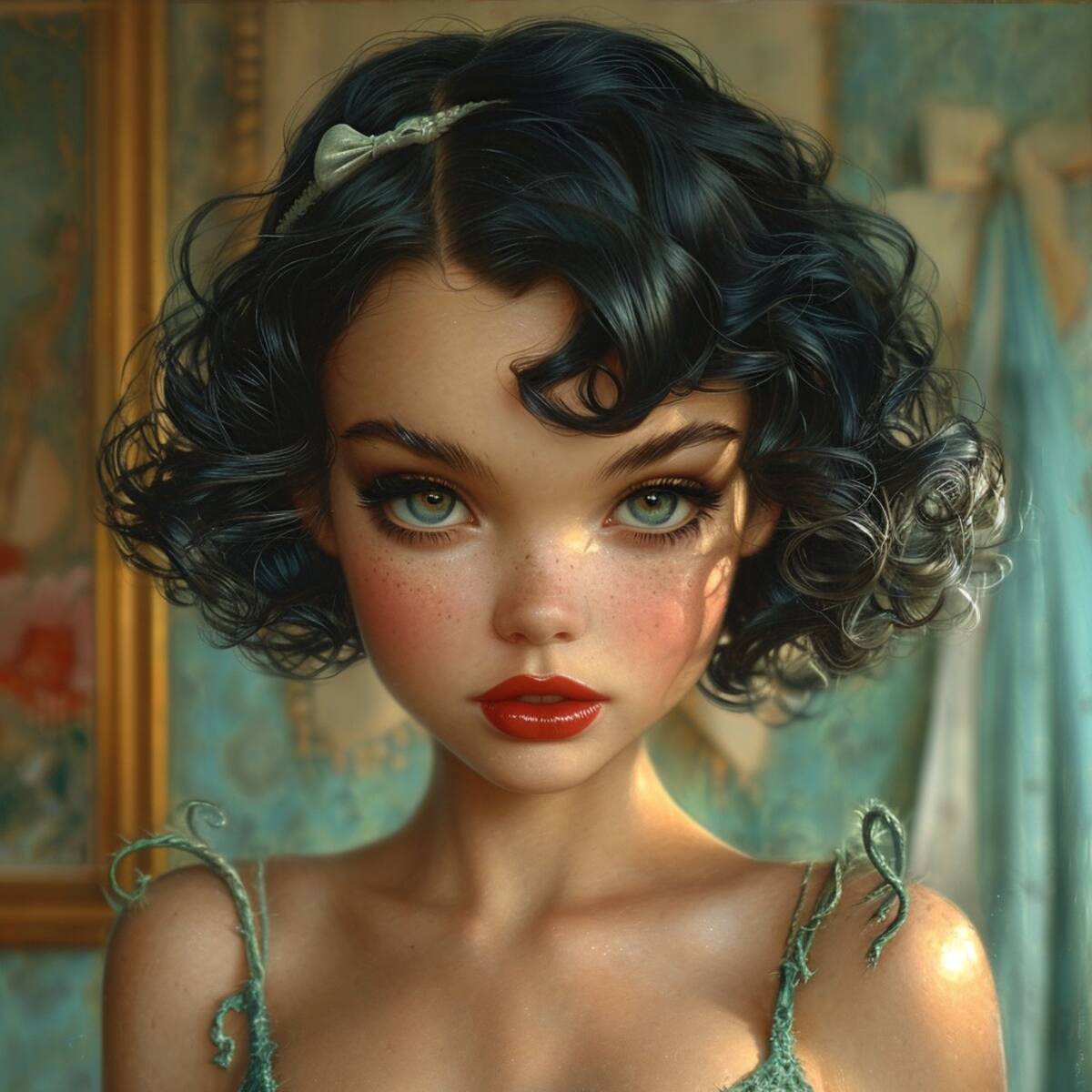 La IA redefine la icónica figura de Betty Boop, realzando su cabello negro ondulado y sus deslumbrantes ojos verdes.