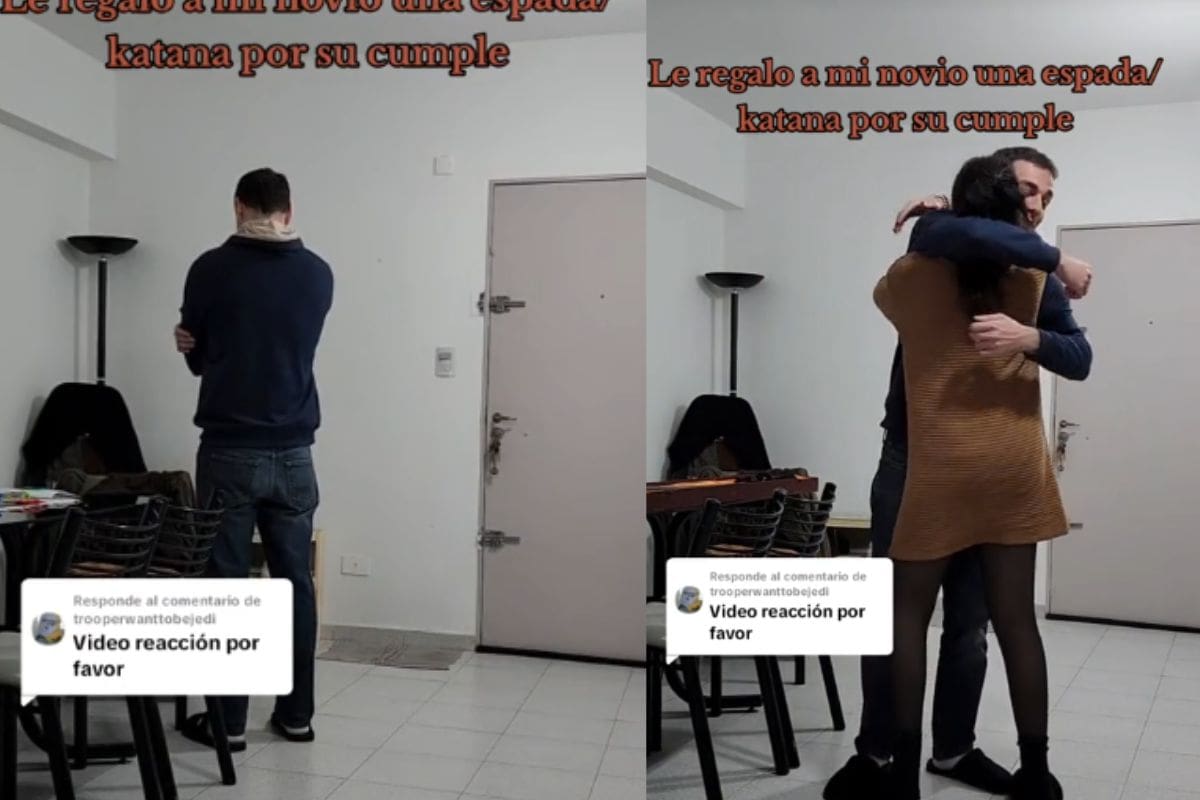 Hombre se conmociona porque su novia le regaló una katana