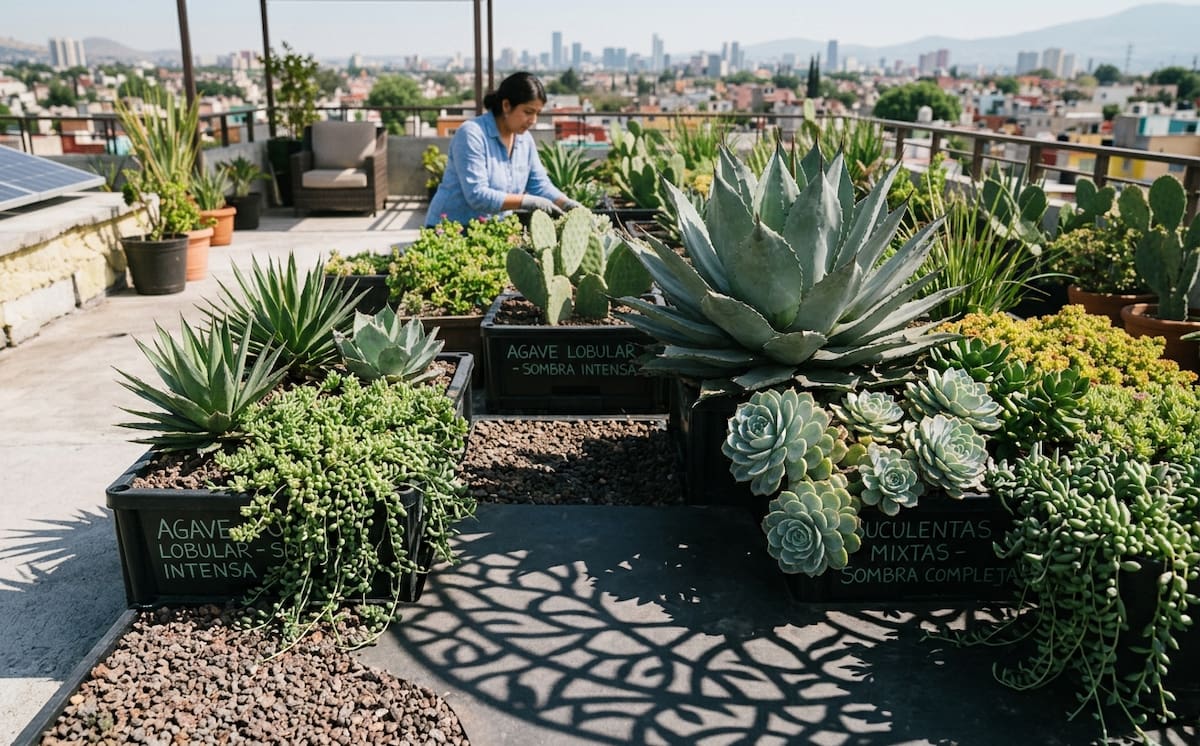 Los maceteros y plantas son aprovechados por su sombra biológica. | Gemini, IA de Google