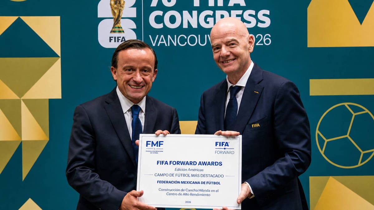 Mikel Arriola, Comisionado Presidente de la FMF recibe un reconocimiento de las manos de Gianni Infantino, presidente de la FIFA, por haber construido la mejor cancha de futbol, ubicada en el CAR. (Foto: IG @mikelaariolap)