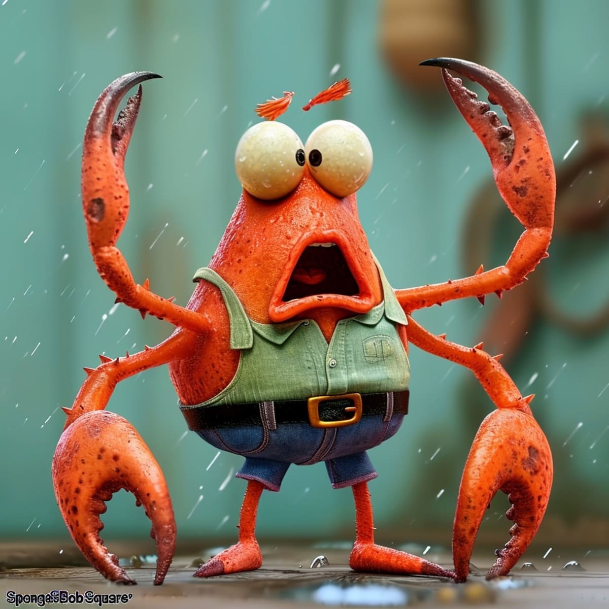 Don Cangrejo en versión AI: Pantalones morados y sorpresivas expresiones.