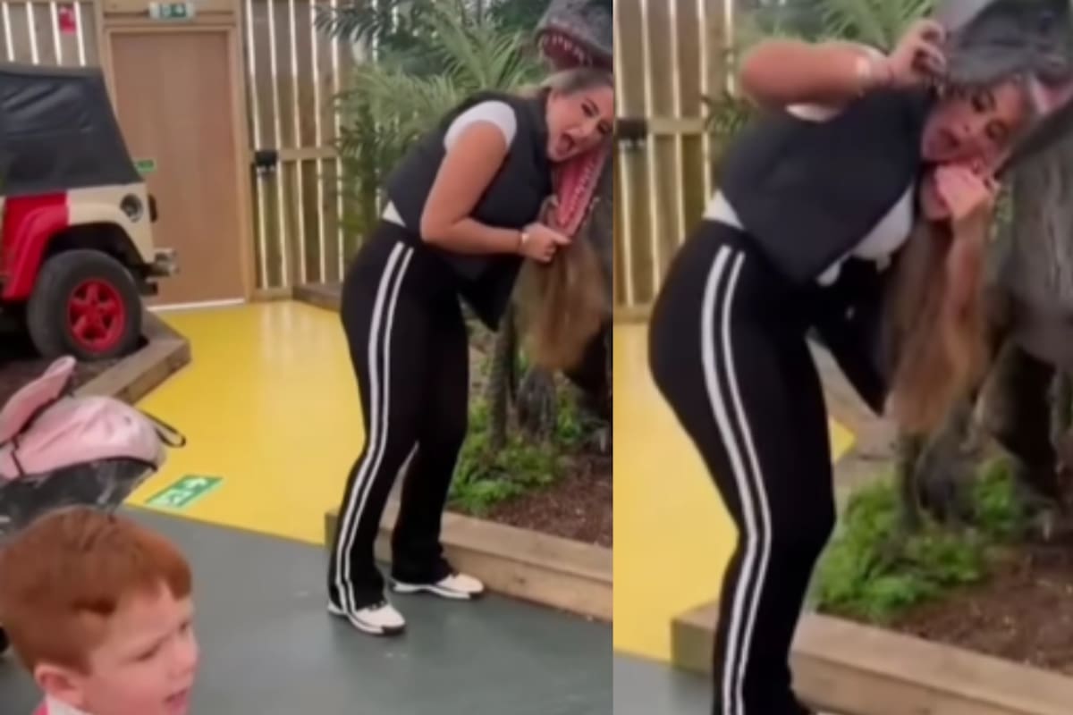 Mujer intenta asustar a sus hijos con una estatua de dinosaurio, pero esta se mueve y le muerde la cabeza