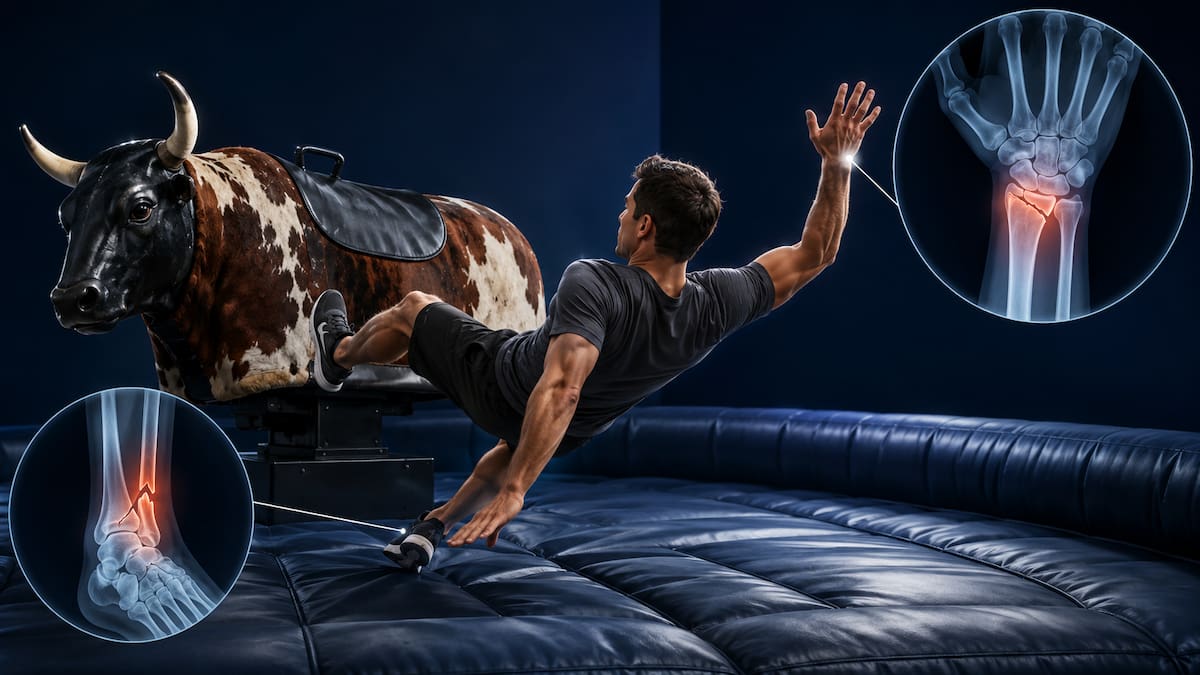 Una caída de un toro mecánico puede provocar esguinces, fracturas y traumatismos, incluso cuando la atracción cuenta con una superficie acolchada. (Imagen ilustrativa generada con inteligencia artificial)
