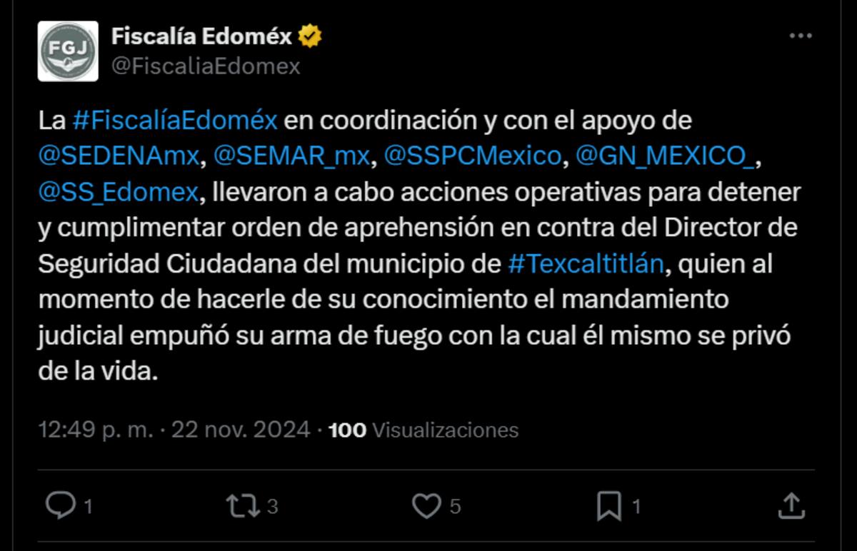 Isidro Cortés Jiménez, Director de Seguridad Ciudadana de Texcaltitlán, atentó contra su vida para evitar su detención.