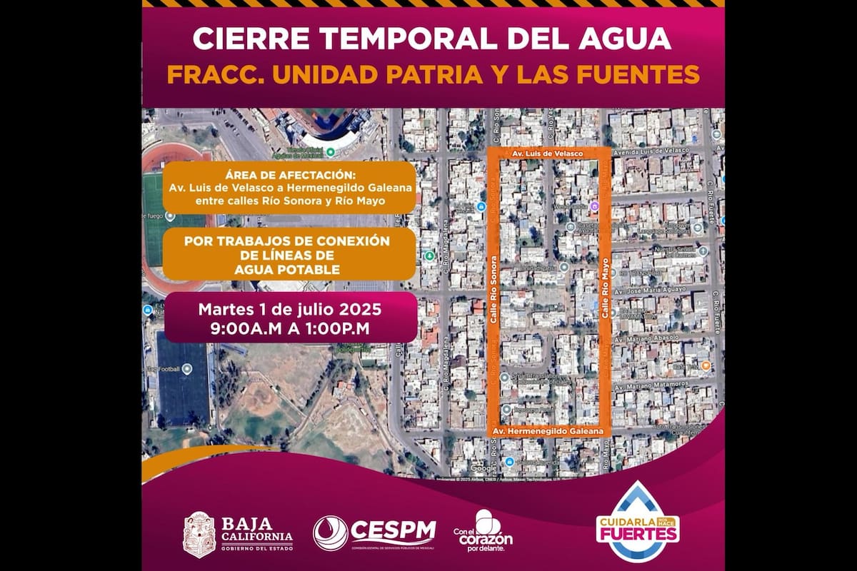 CESPM anuncia cierre temporal del suministro de agua en Unidad Patria y Las Fuentes