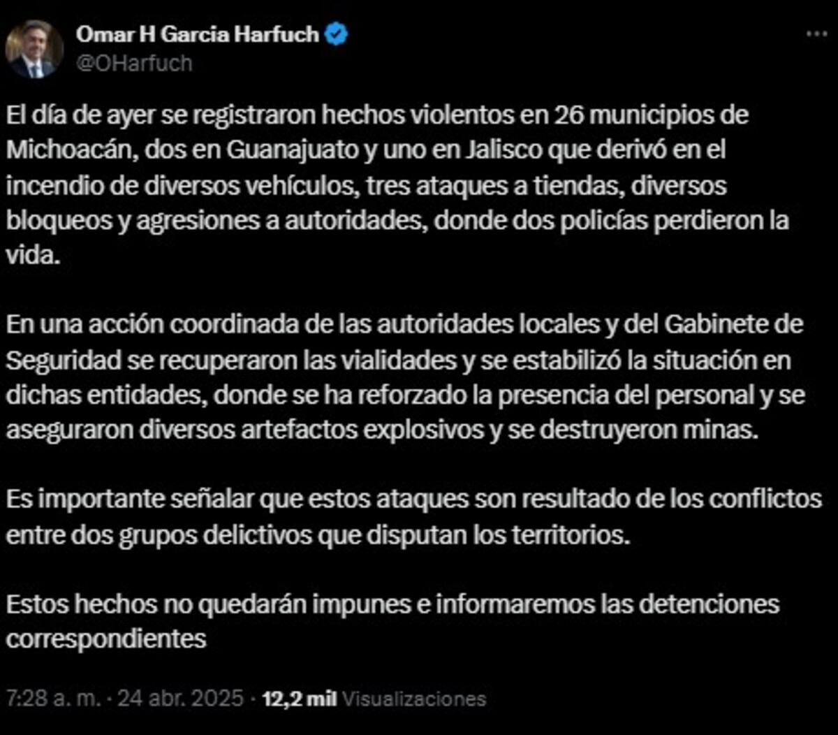 Omar García Harfuch sobre narcobloqueos en Michoacán. (Captura de pantalla)