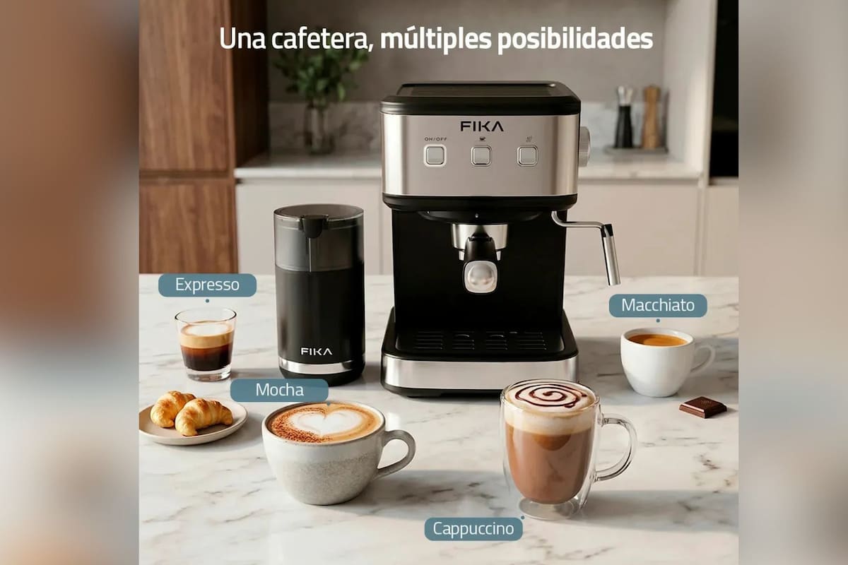 Mercado Libre rebaja 44% la cafetera FIKA RITO SET con molino integrado, una oferta de $1,229 pesos que incluye presión de 20 bares y envío gratis para preparar café profesional