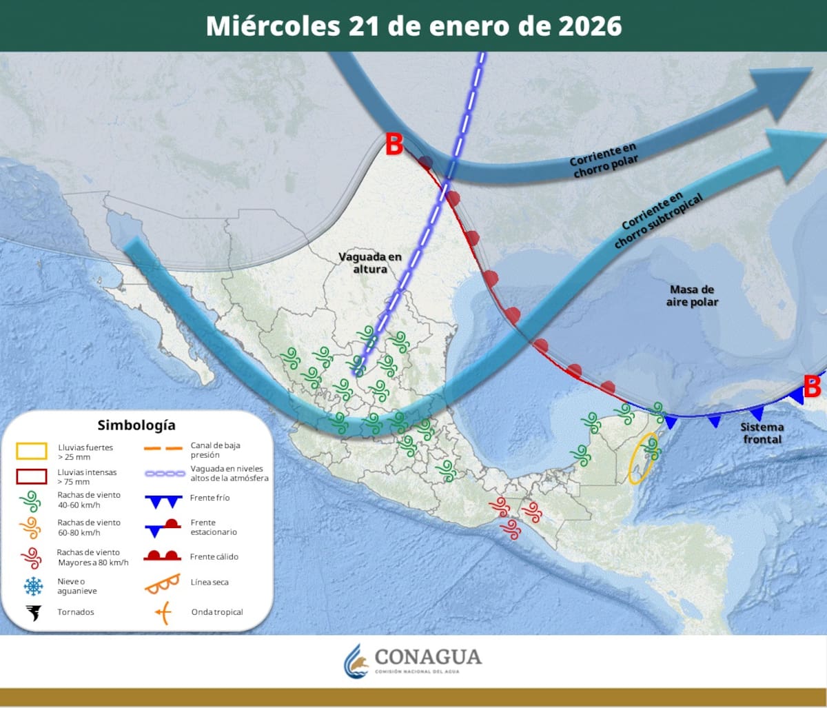 Pronóstico del clima para el miércoles 21 de enero del 2026. | Crédito: SMN