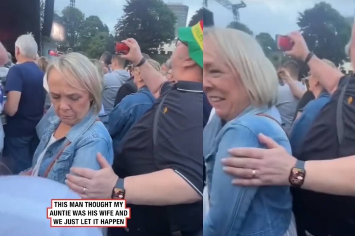 Hombre confunde a una extraña con su esposa y la abraza durante un concierto, causando risas y sorpresa