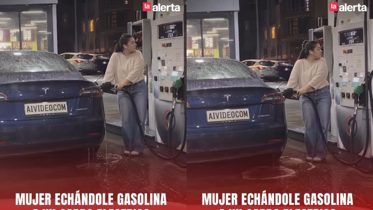 “¿Esto es IA o es en serio?” Mujer se vuelve viral tras ser captada intentando echar gasolina a un automóvil eléctrico y desata todo tipo de reacciones en redes sociales