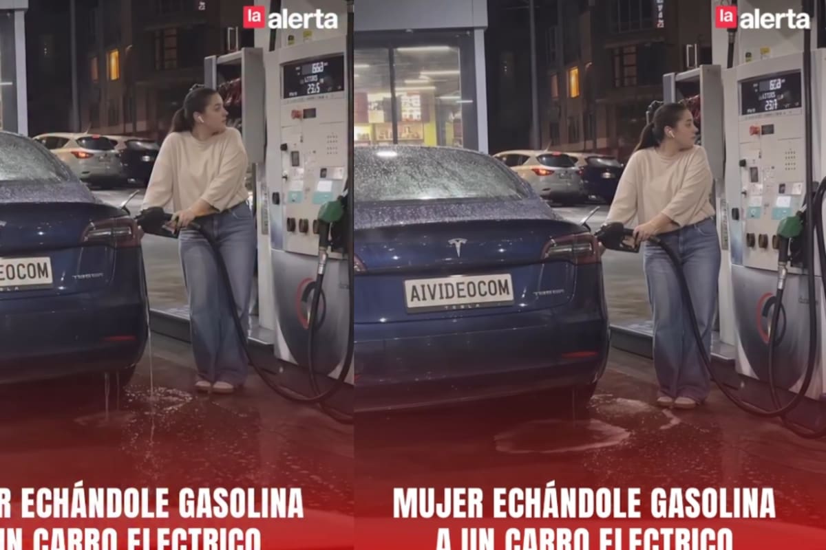 “¿Esto es IA o es en serio?” Mujer se vuelve viral tras ser captada intentando echar gasolina a un automóvil eléctrico y desata todo tipo de reacciones en redes sociales