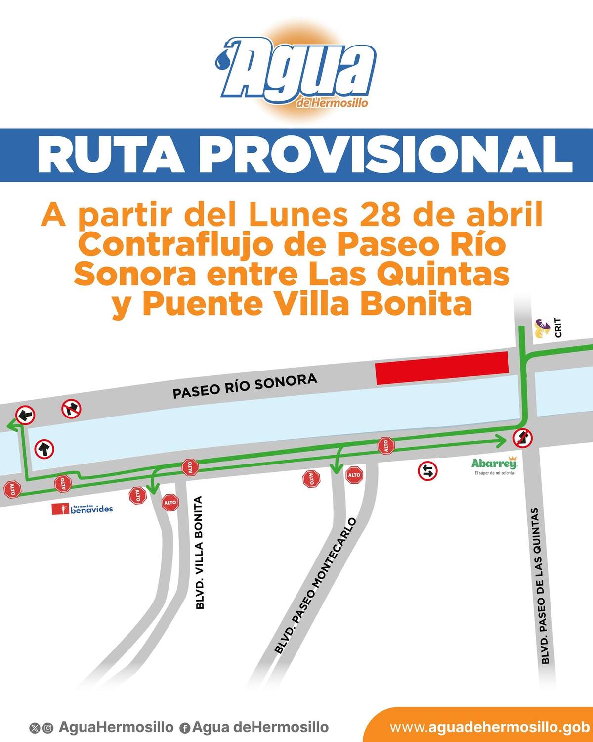 Contraflujo de Paseo Río
Sonora entre Las Quintas
y Puente Villa Bonita. Fuente: Cuenta de X @Policia_HMO