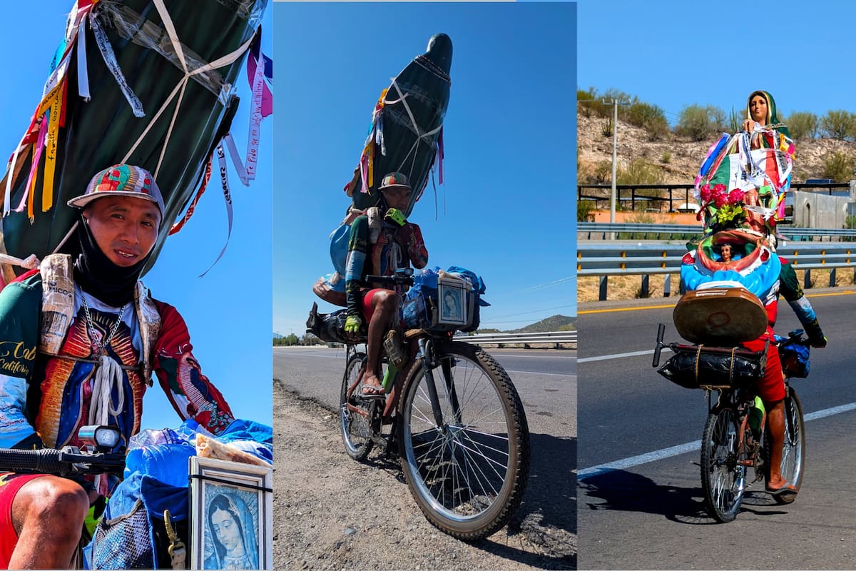 Joven pedalea desde Quintana Roo hasta Los Cabos con una figura de la Virgen en la espalda para salvar la pierna de su madre