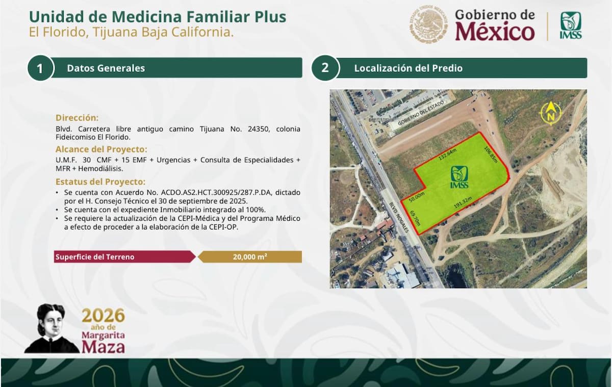 La UMF No. 30 Plus iniciará su construcción en 2027 en El Florido y atenderá hasta 12 mil derechohabientes al día con nuevos servicios especializados.
Fotos: Khennia Reyes / Cortesía.