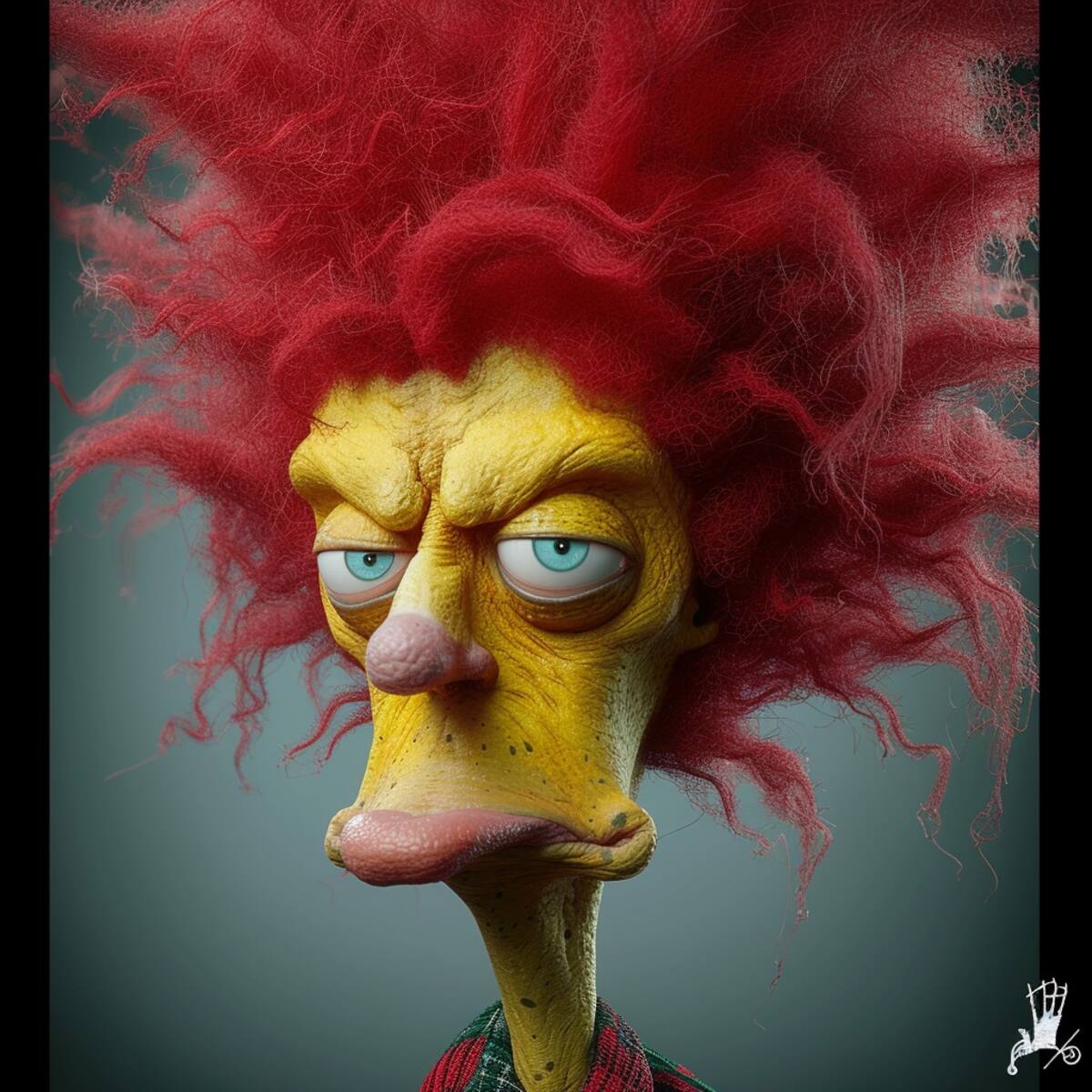 Bob Patiño, transformado por la inteligencia artificial de Midjourney, muestra un rostro amarillo y cabello rojo en una visión aterradora.