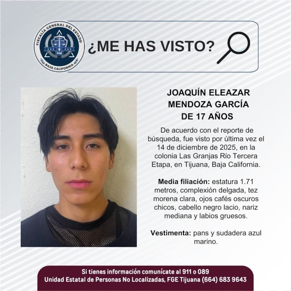 Fue visto por última vez el 14 de diciembre de 2025.