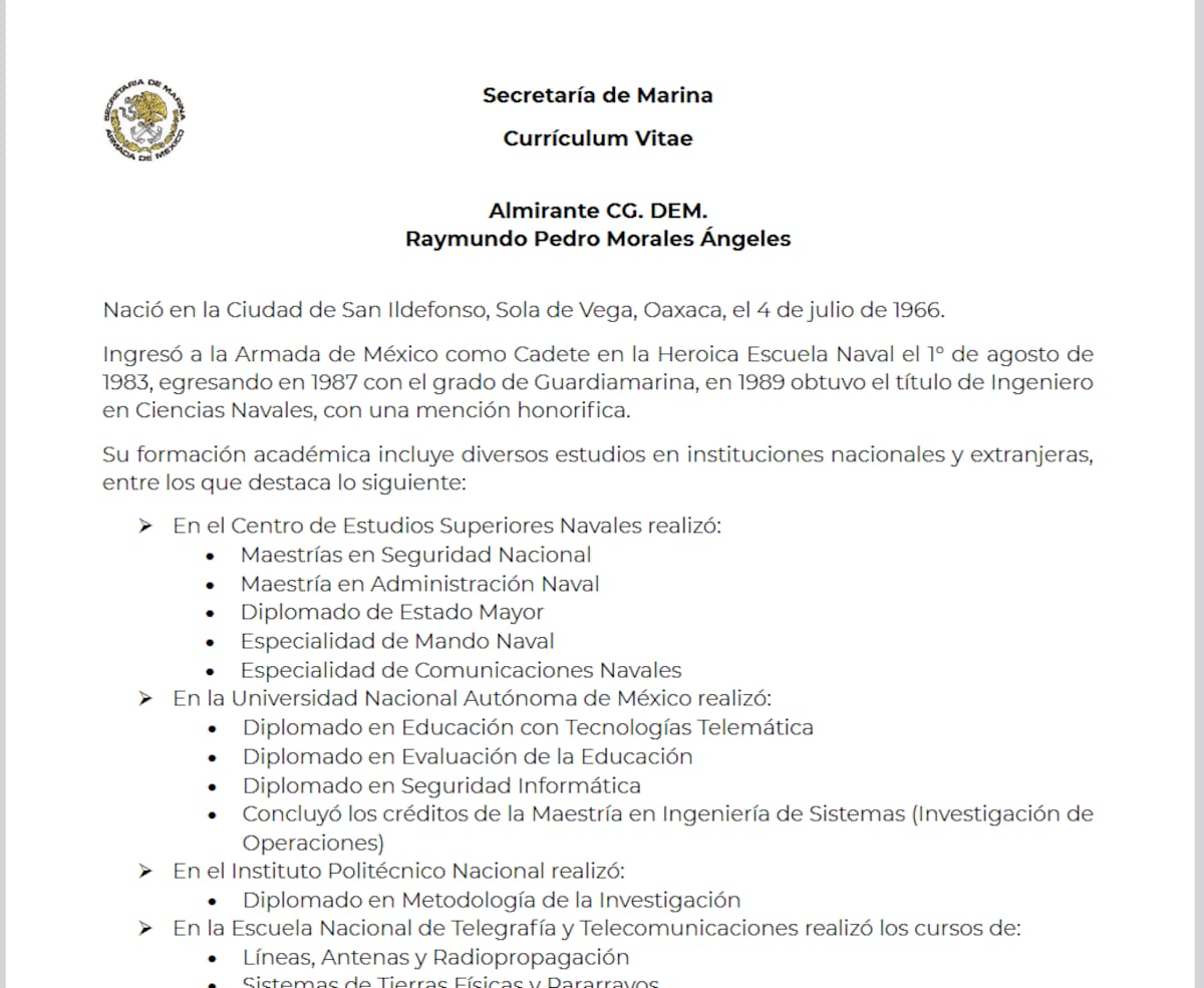 El Currículum Vitae del almirante Raymundo Pedro Morales Ángeles.