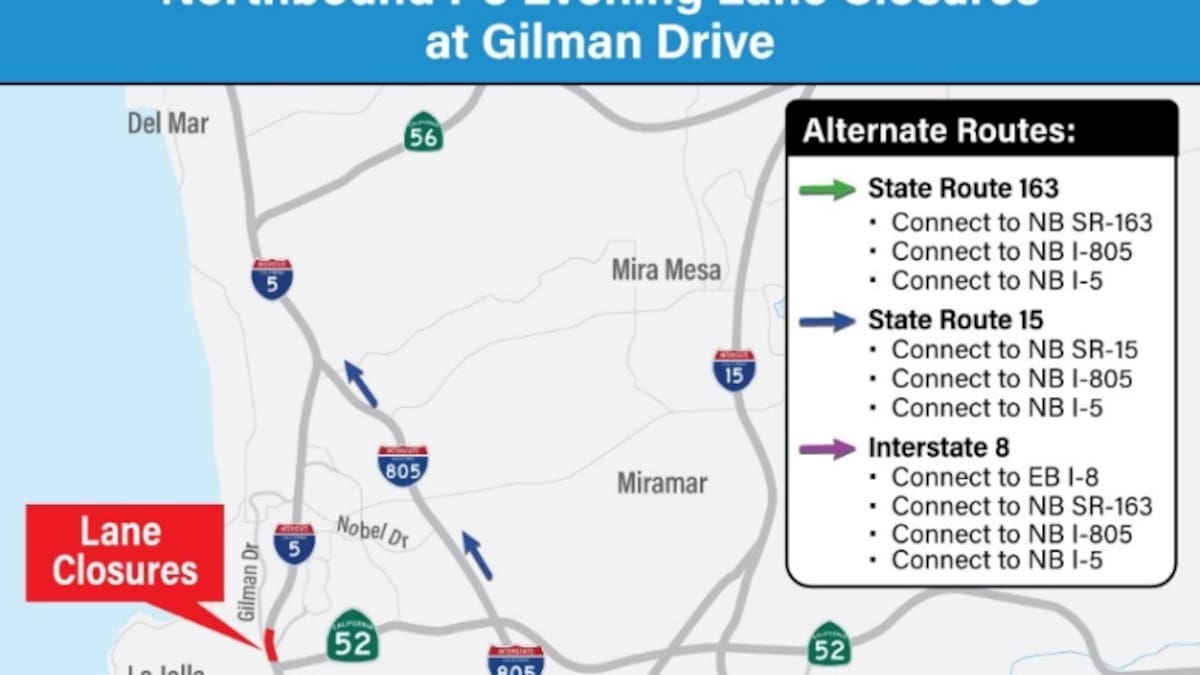 Cerrarán carriles en I-5 norte en Gilman Drive los días 20 y 21 de febrero