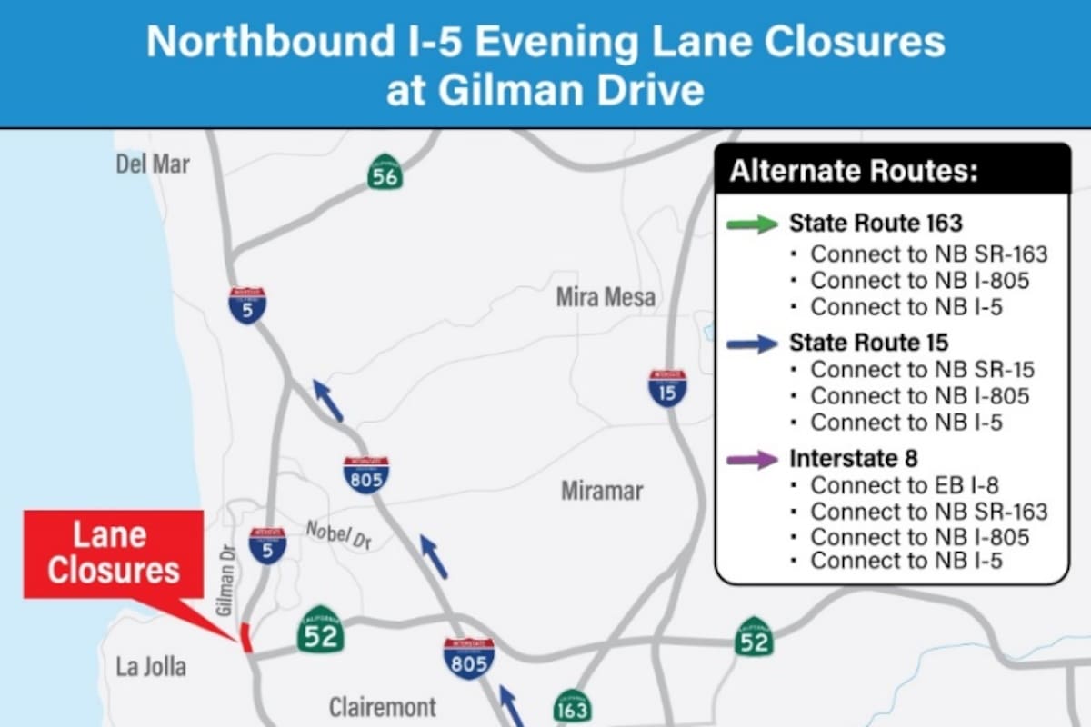 Cerrarán carriles en I-5 norte en Gilman Drive los días 20 y 21 de febrero