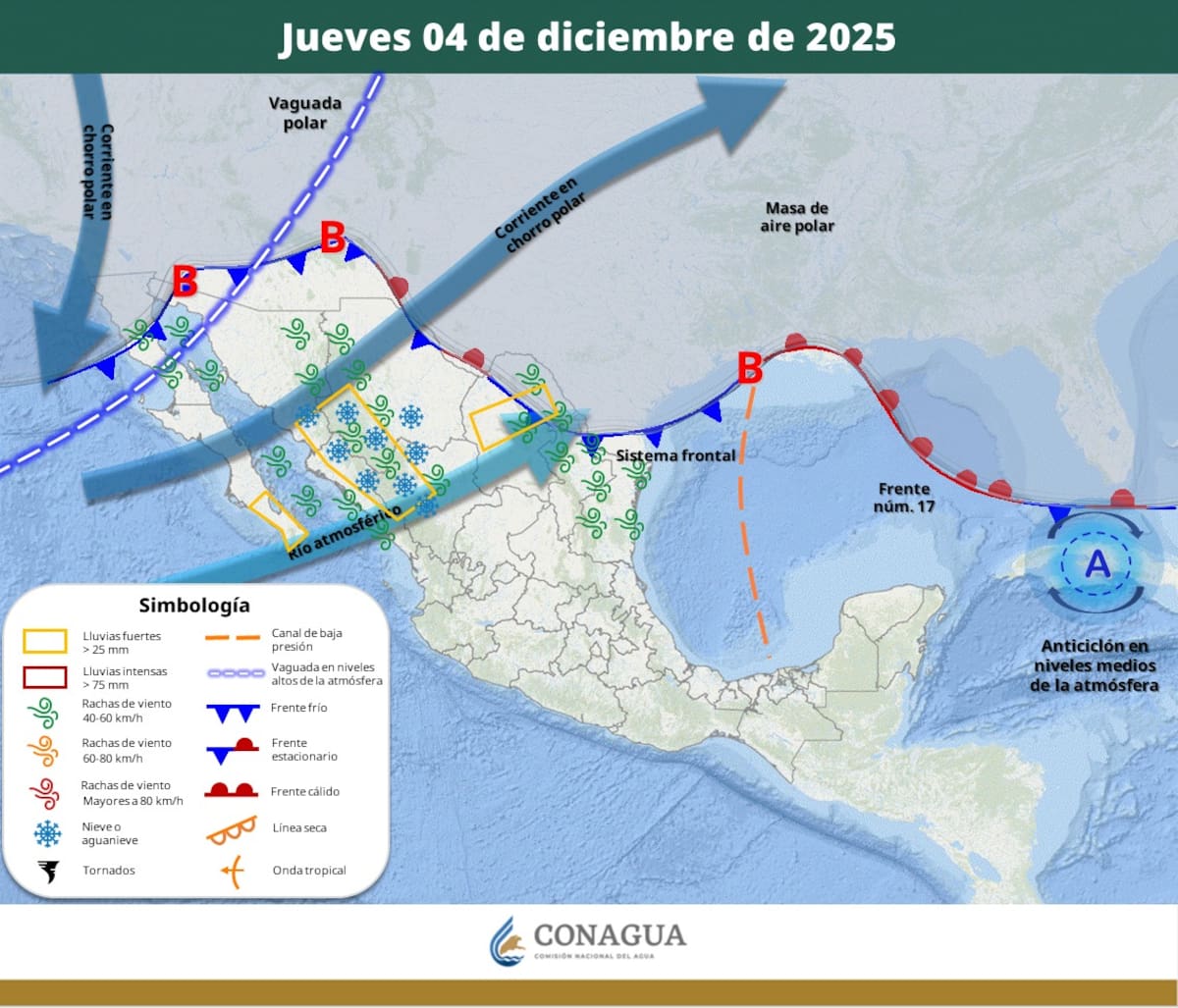 Pronóstico del clima para este jueves 4 de diciembre del 2025. | Crédito: SMN