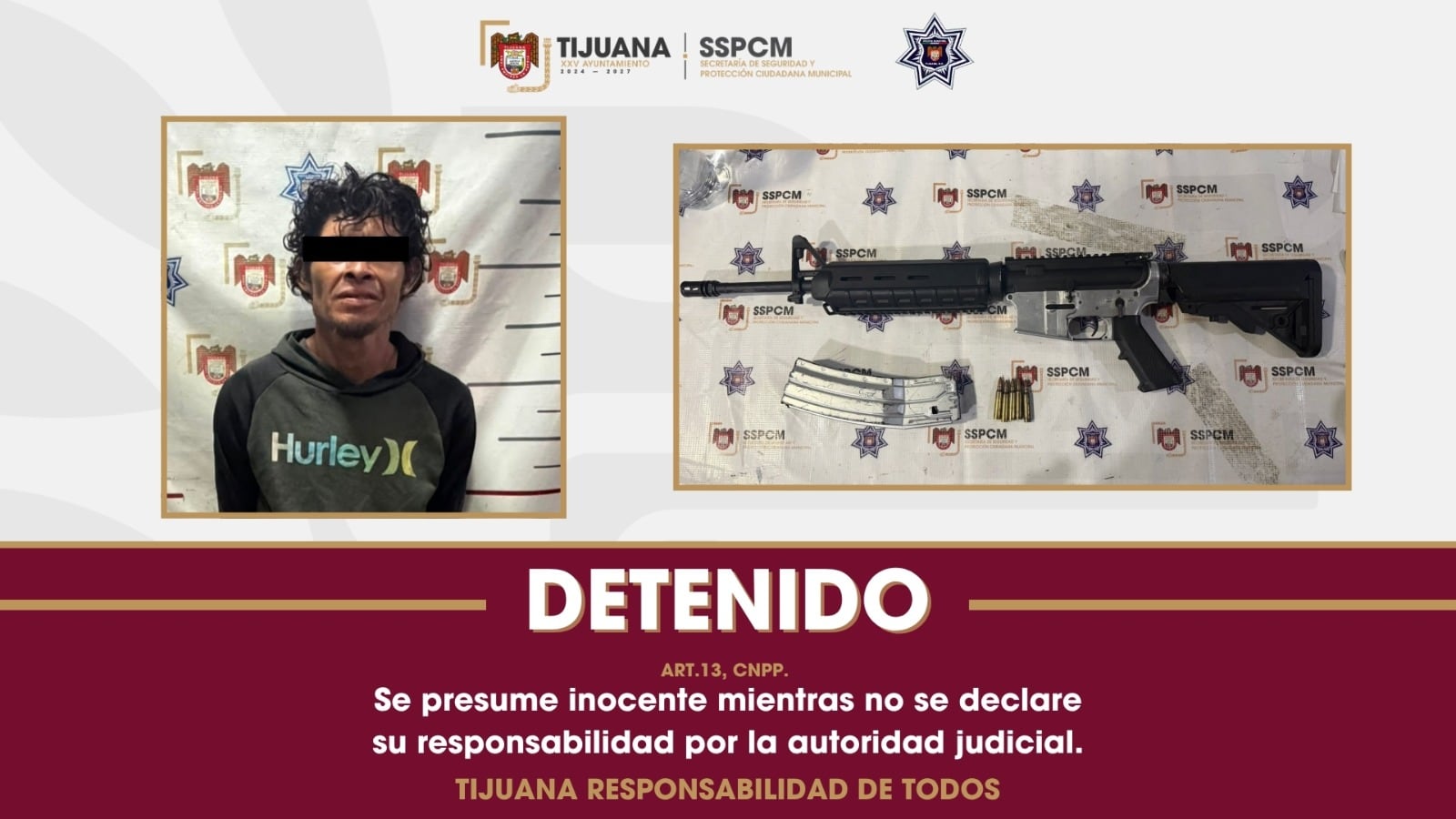 El detenido fue asegurado por agentes municipales junto con el fusil calibre .223 localizado durante la intervención.