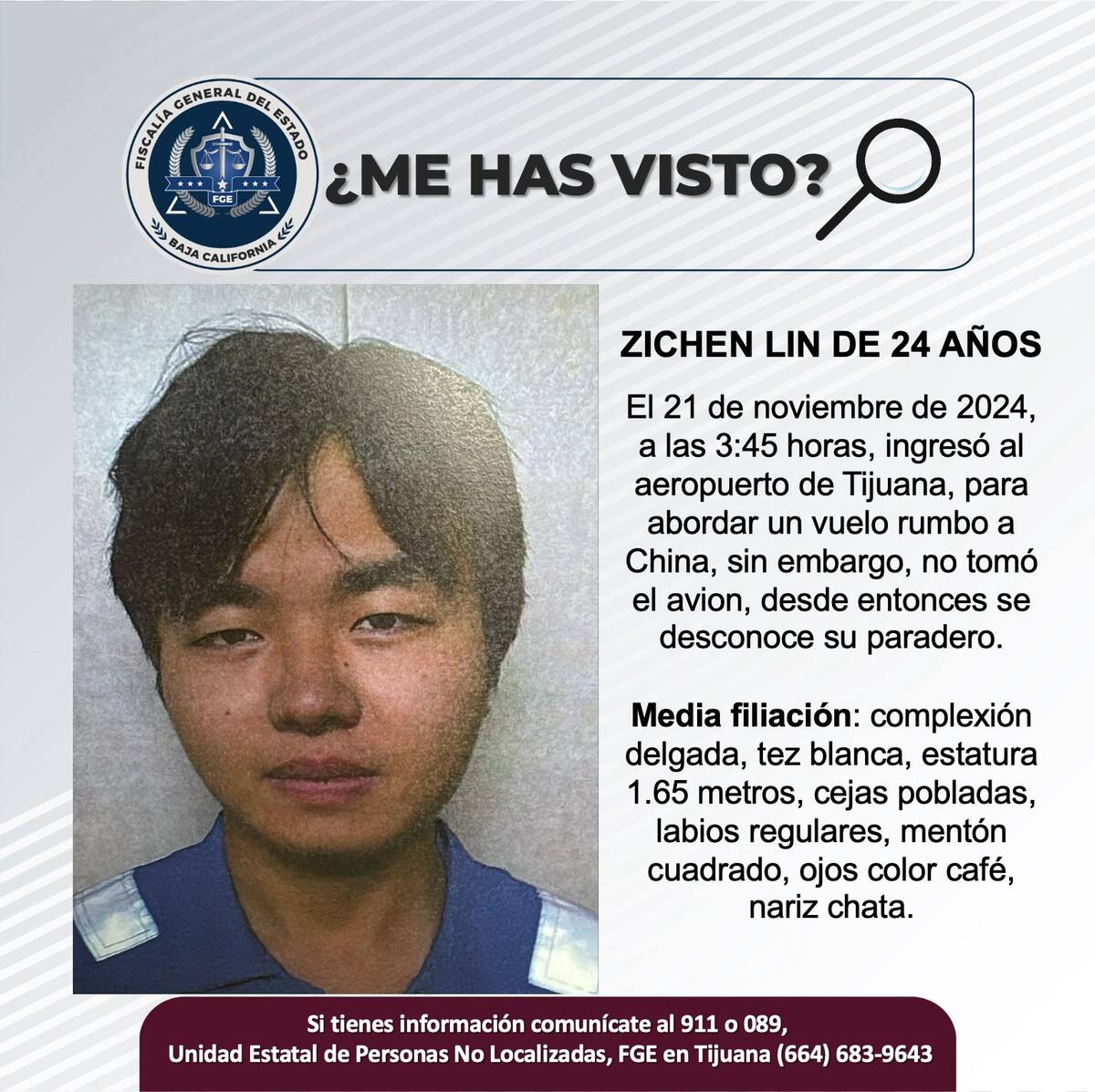 Zichen Lin fue visto por última vez el 21 de noviembre del 2024.
