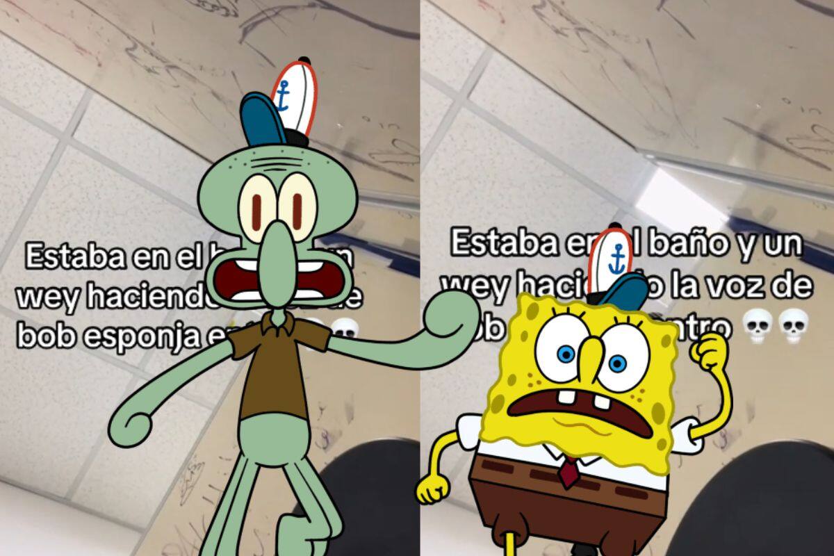 Hombre finge la voz de Calamardo en el baño y se pone a platicar con otro que imita a Bob Esponja