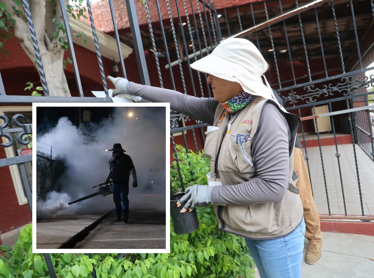 Personal de Salud realiza labores de fumigación en zonas con presencia del mosquito transmisor del dengue, como parte de las acciones para reducir contagios en Sonora. FOTO: ESPECIAL