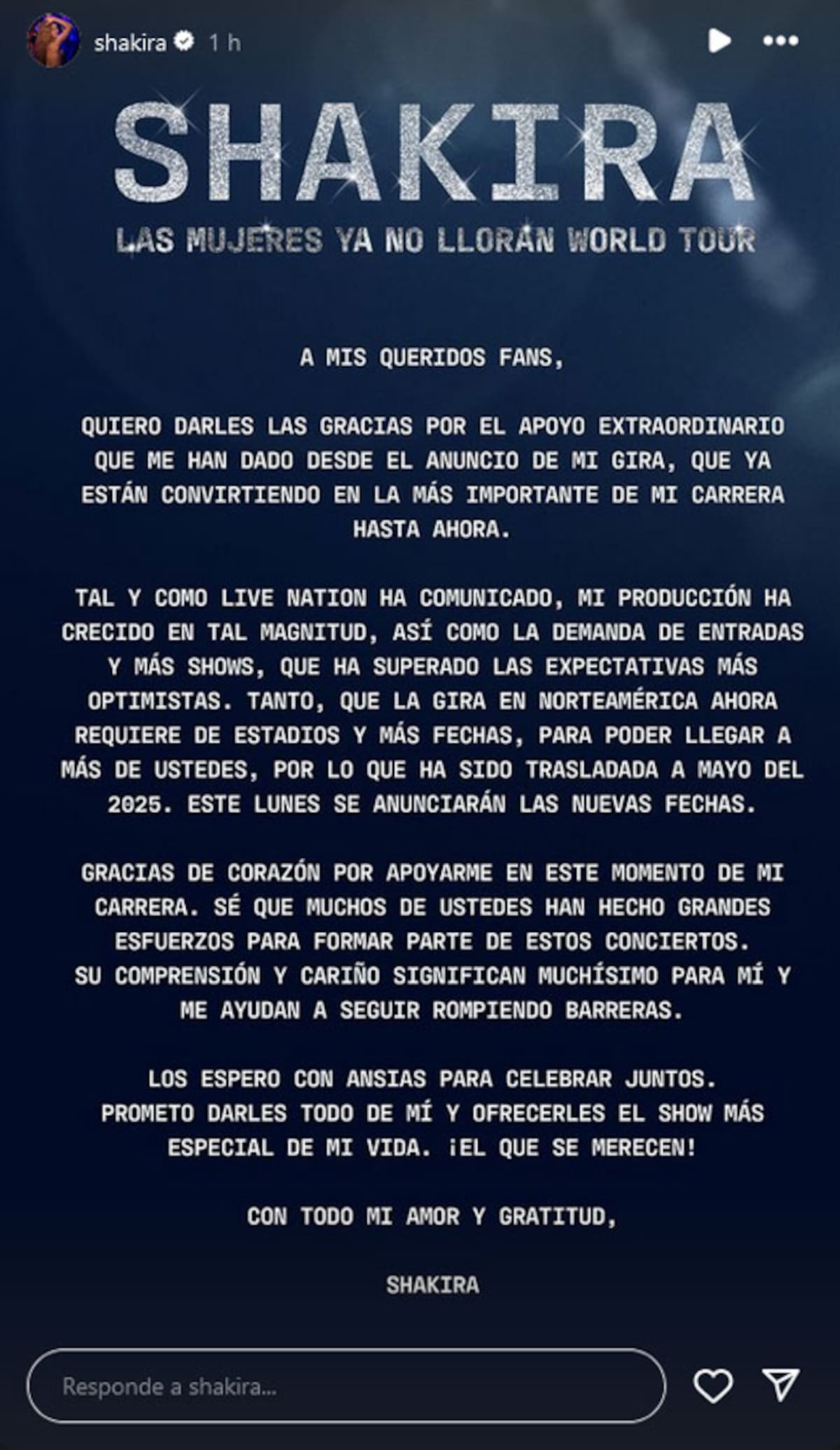 Anuncio en Instagram de la suspensión de la gira de Shakira por Estados Unidos.
