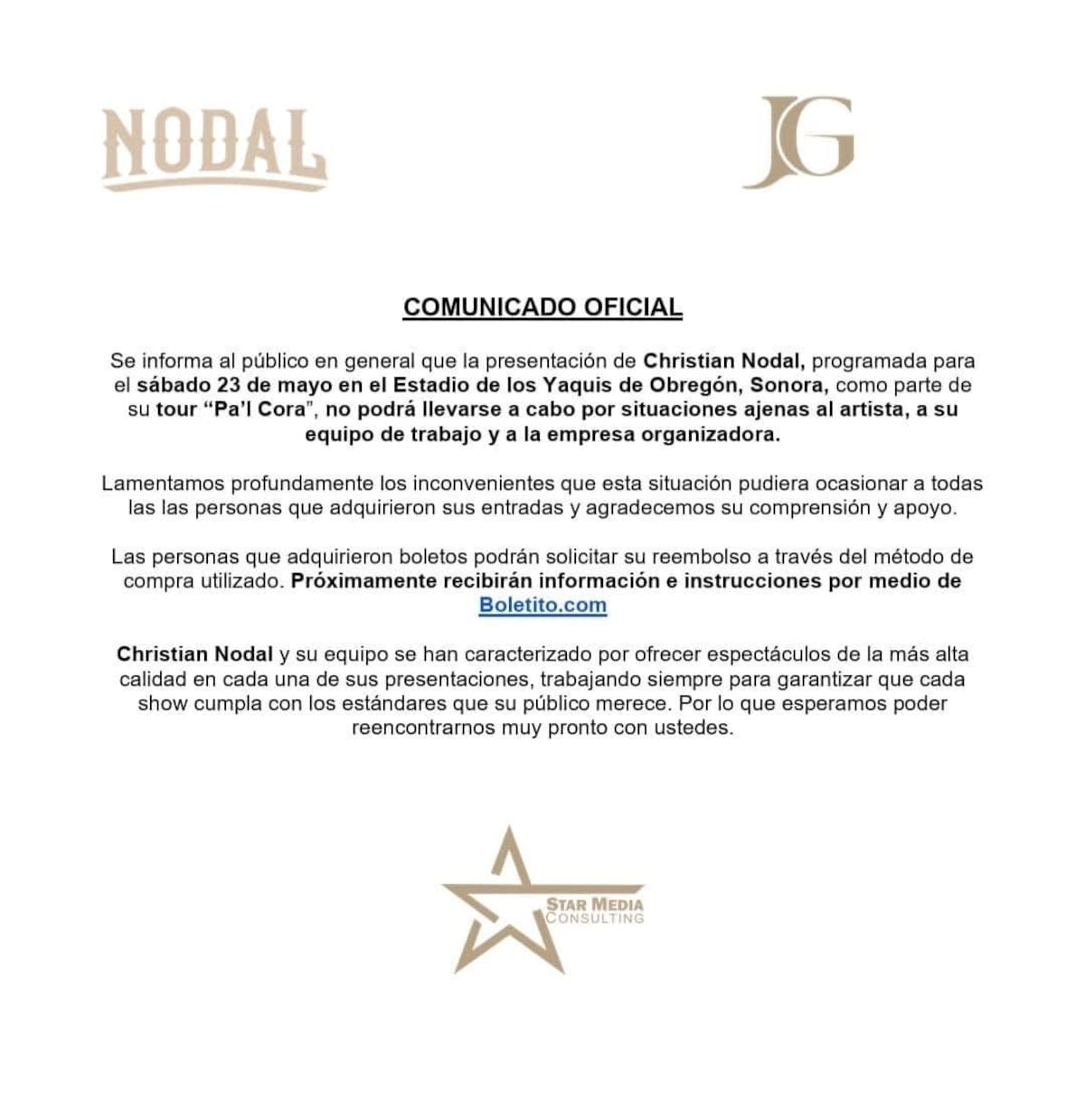 Cancela concierto en Ciudad Obregón.