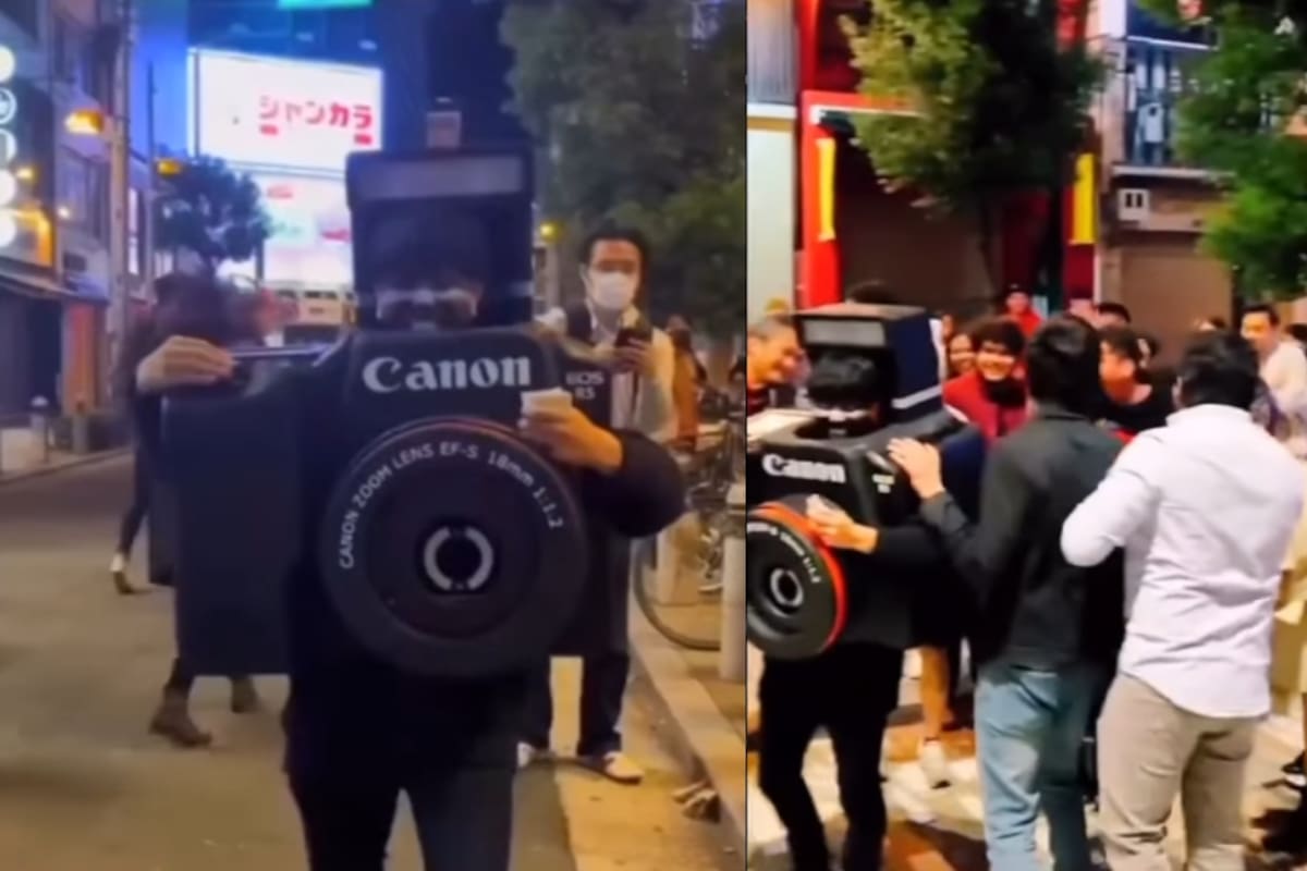 Hombre disfrazado de cámara que realmente toma fotografías se vuelve viral en redes