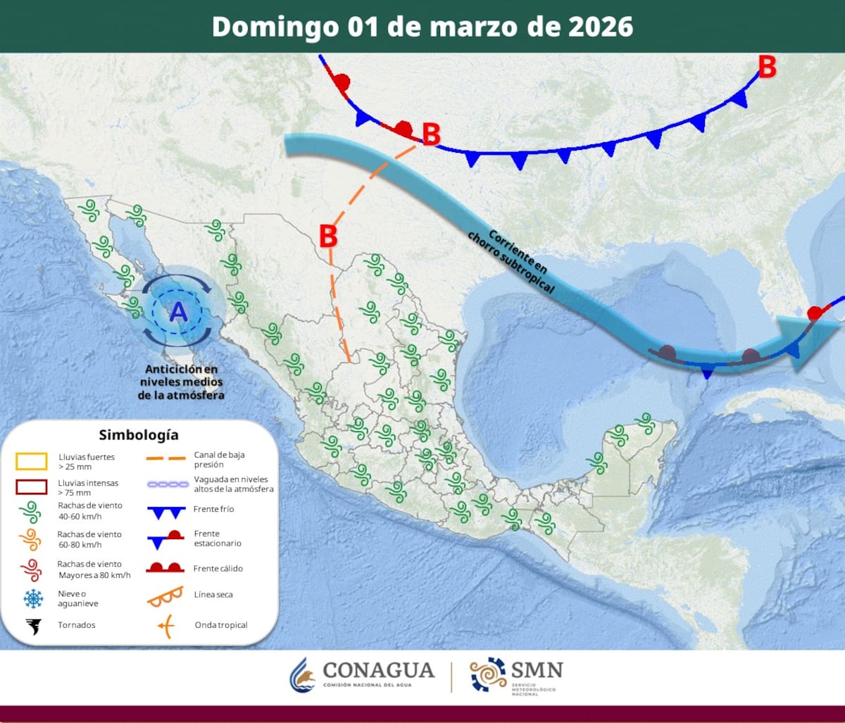 Pronóstico del clima para el domingo 1 de marzo del 2026. | Crédito: SMN
