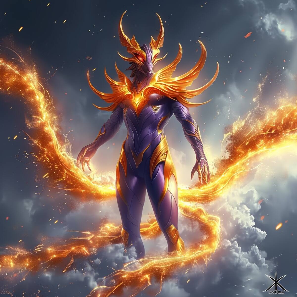 Ikki de Fénix, el lobo solitario con una armadura morada y un cosmos agresivo según la visión realista de la IA de Midjourney.