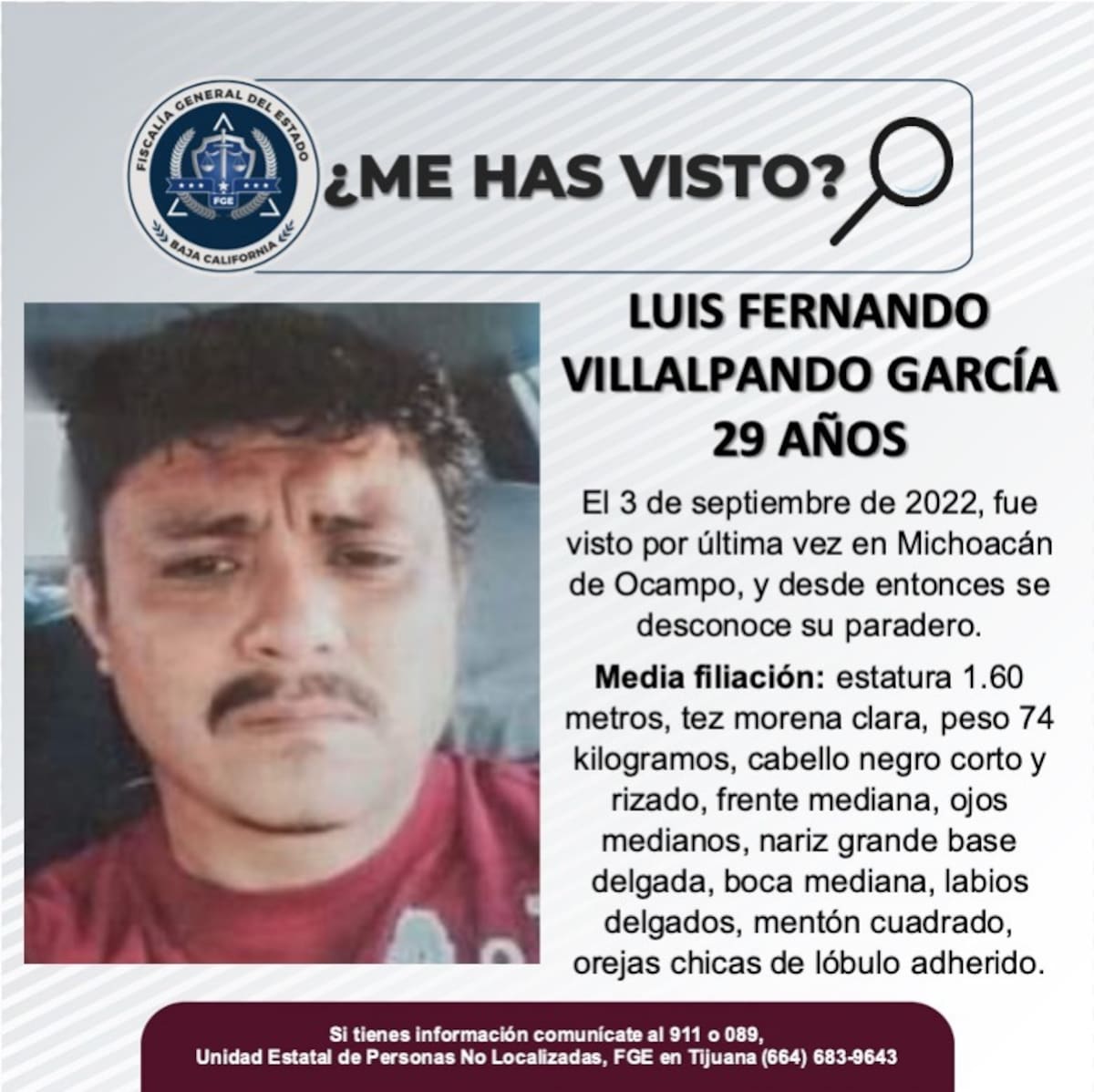 Luis Fernando Villalpando García fue visto por última vez el 3 de septiembre de 2022.