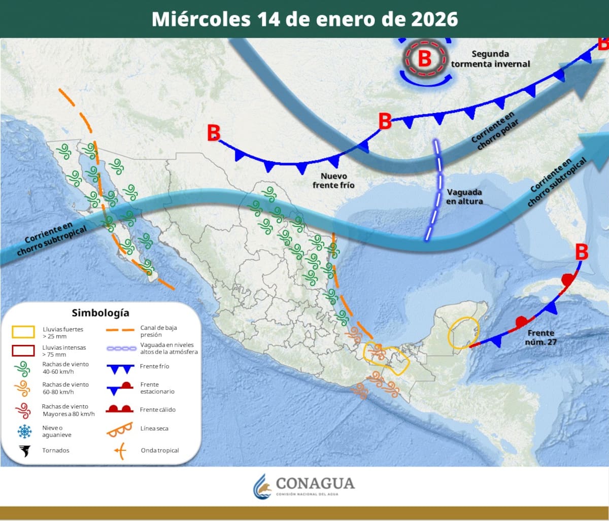 Pronóstico del clima para el miércoles 14 de enero del 2026. | Crédito: SMN