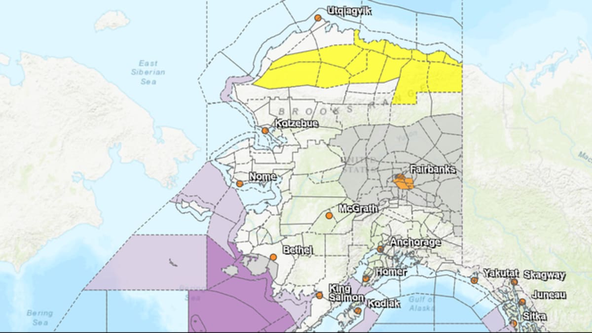 La zona naranja en el mapa (Fairbanks) es el primer lugar en donde se emitirá esta alerta/Foto: Alerta Metereológica Nacional.
