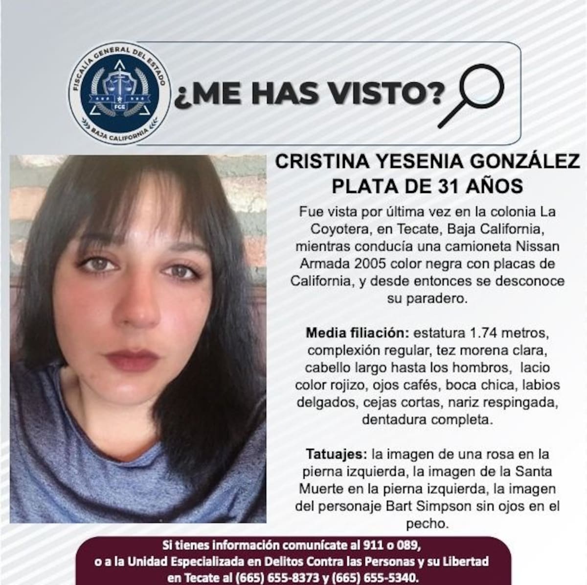 Cristina Yesenia González Plata fue vista por última vez en la colonia La Coyotera, en Tecate, Baja California.