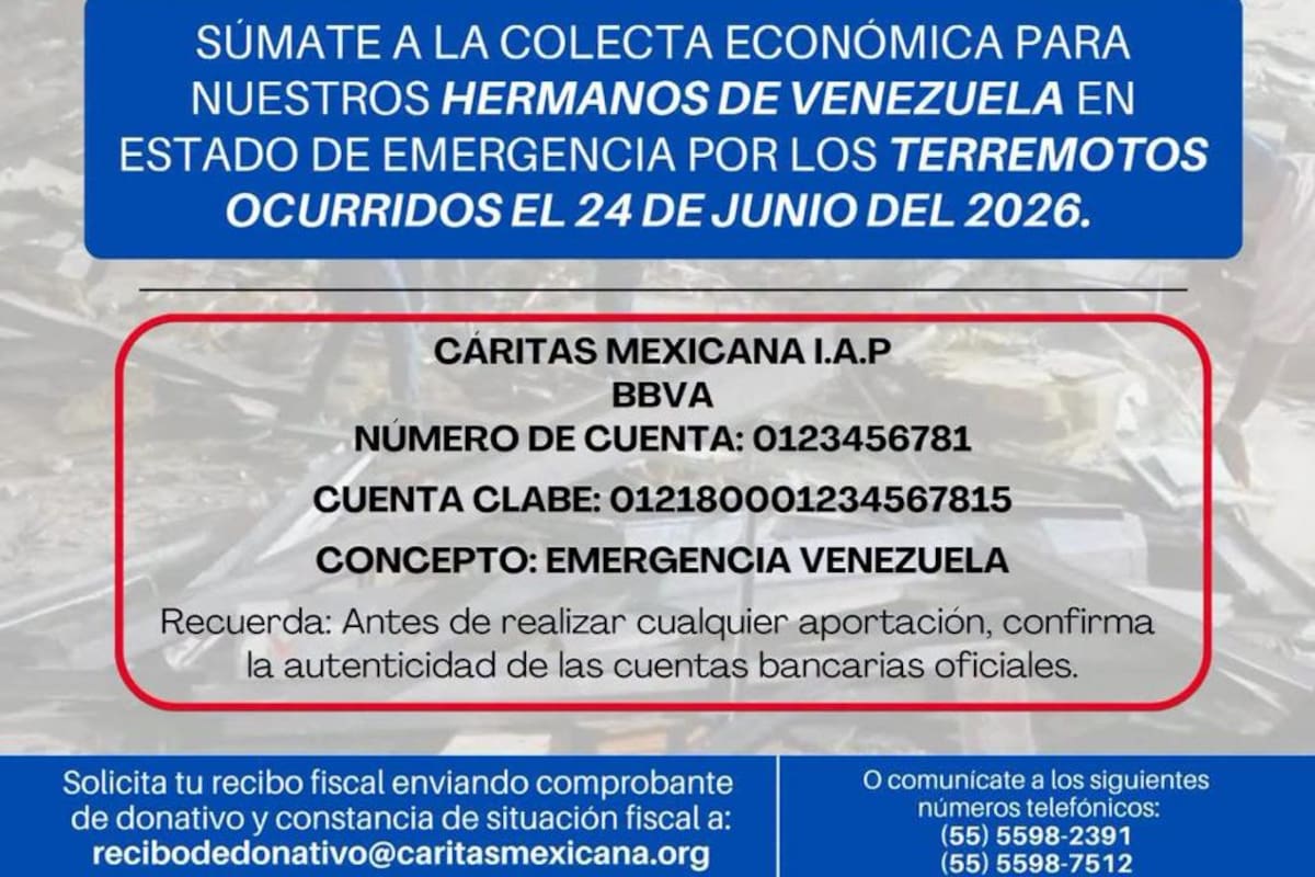 Cáritas Mexicana convoca a colecta económica en apoyo a Venezuela tras sismos