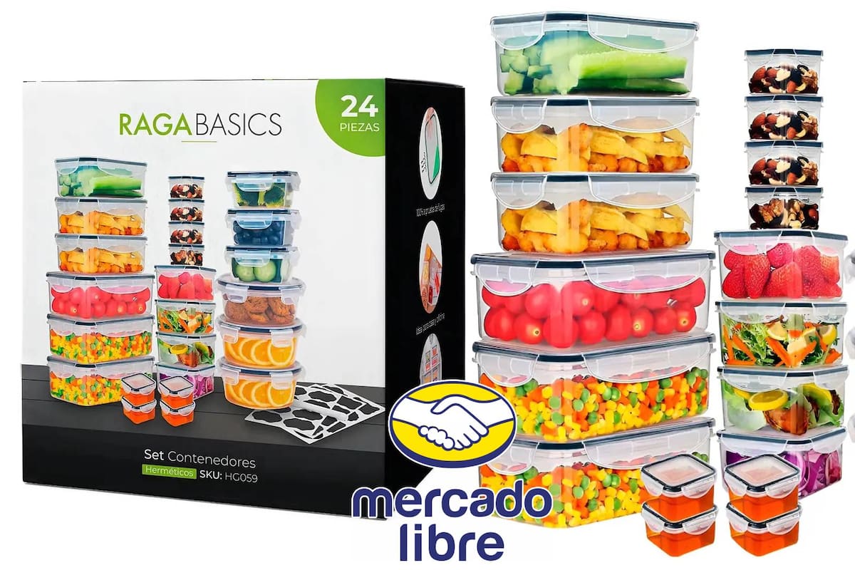El juego de 24 recipientes herméticos Raganet para almacenamiento que Mercado Libre vende en 289 pesos