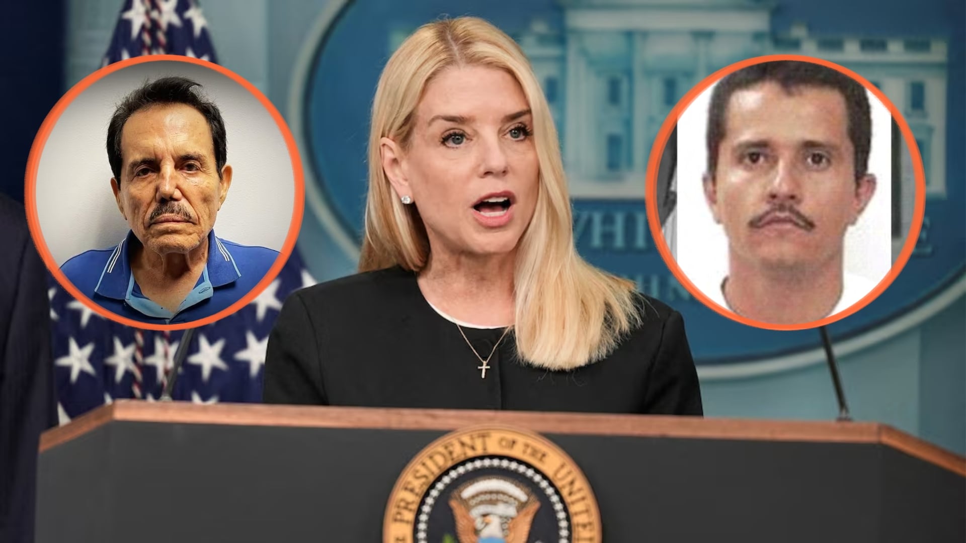 El Departamento de Justicia de Estados Unidos vinculó la gestión de Pam Bondi con acciones contra líderes criminales y más de 125 mil acusaciones federales. /Reuters/Canva/El Universal