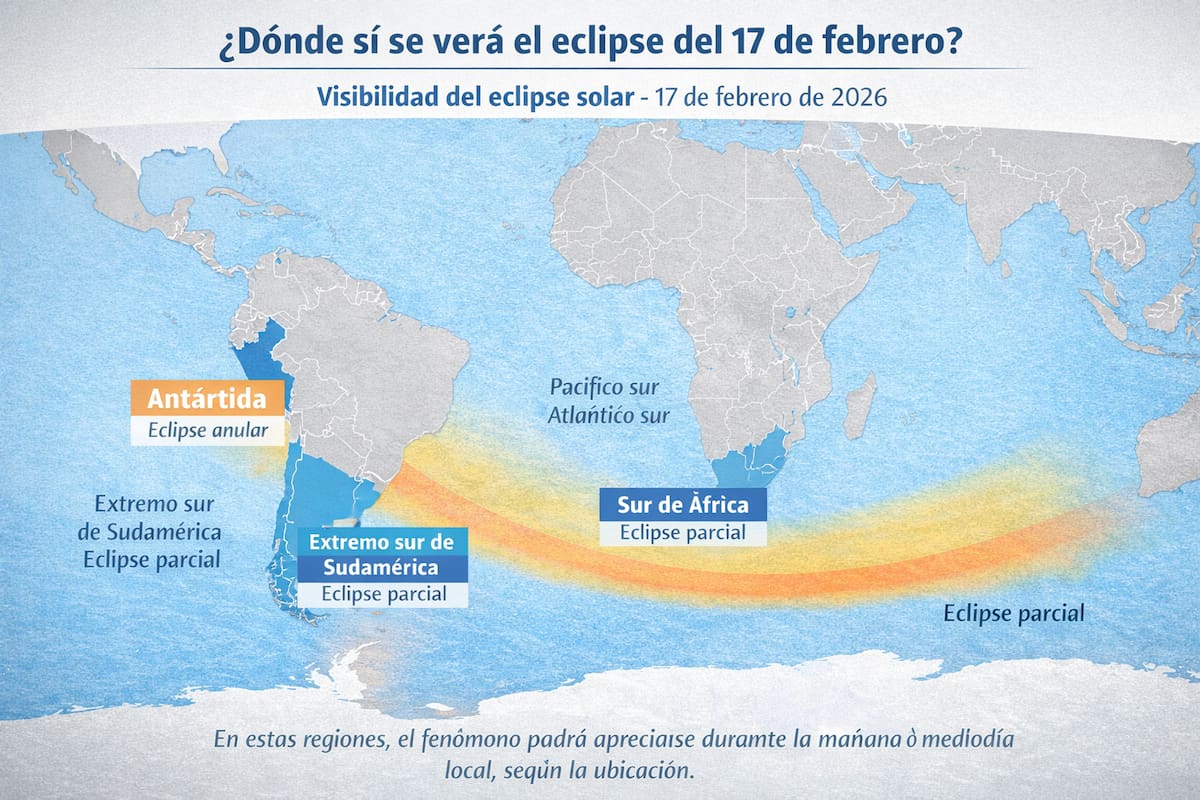 Mapa de visibilidad del eclipse solar del 17 de febrero de 2026, observable únicamente en la Antártida, el sur de Sudamérica, el sur de África y océanos del hemisferio sur.